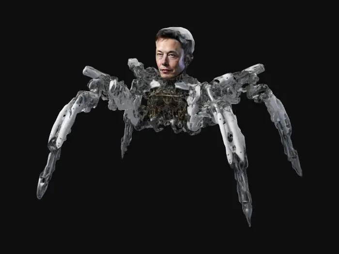 3D model for mechanical spider legs, high detail, on top of the mechanical legs is the robotic head of elon musk