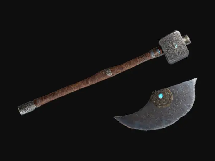 3D model for A prehistoric stone axe reforged with a medieval steel core, etched with glowing runes. Its handle is wrapped in fossilized leather and reinforced with futuristic alloy plating. The blade’s edge is plasma-charged, generating energy waves with every swing. A time crystal embedded in the hilt pulses when anomalies are nearby, guiding its wielder to unstable rifts. The cleaver’s purpose is to sever chaotic timelines and restore balance to the Nexus., #ChronoForgeWeapon#