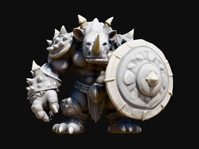 3D model for fantasy humanoid Rhinoceros dwaRF, massive body with stone crystals, massive paws ending in claws, head covered with a stone shield, light shining through the stone plates, extremely detailed, high resolution texture, epic stance, #PBR#