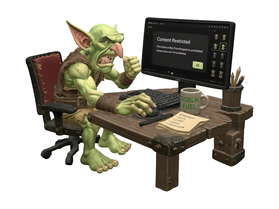 Goblin at the Computer: Content Restricted - Monitor 3D model, vytvořený pomocí AI
