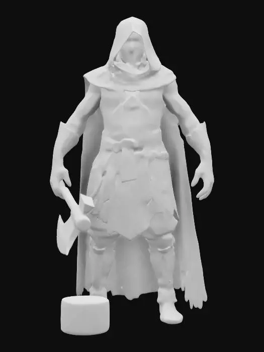 3D model for A classic executioner in a medieval setting, wearing a black hood that fully covers their head, leaving only the eyes visible. The figure is clad in a sleeveless leather tunic, with muscular arms exposed, and heavy leather gloves. The executioner holds a large, gleaming axe with intricate carvings on the blade, standing in a dimly lit stone chamber with a wooden chopping block nearby. The atmosphere is dark and foreboding, with flickering torchlight casting dramatic shadows.