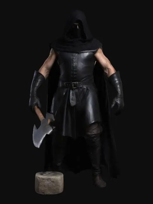 3D model for A classic executioner in a medieval setting, wearing a black hood that fully covers their head, leaving only the eyes visible. The figure is clad in a sleeveless leather tunic, with muscular arms exposed, and heavy leather gloves. The executioner holds a large, gleaming axe with intricate carvings on the blade, standing in a dimly lit stone chamber with a wooden chopping block nearby. The atmosphere is dark and foreboding, with flickering torchlight casting dramatic shadows.