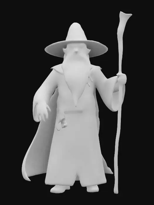 3D model for Gandalf, a wizard in The Lord of the Rings, appears as an elderly man with a long, white or gray beard and keen, piercing eyes that convey wisdom and power. He wears a wide-brimmed hat, a cloak (gray or white depending on his form as Gandalf the Grey or White), and carries a tall staff often used to channel his magic. Despite his age, he is strong, agile, and exudes an aura of authority, kindness, and mystery, embodying the balance of wisdom and might.