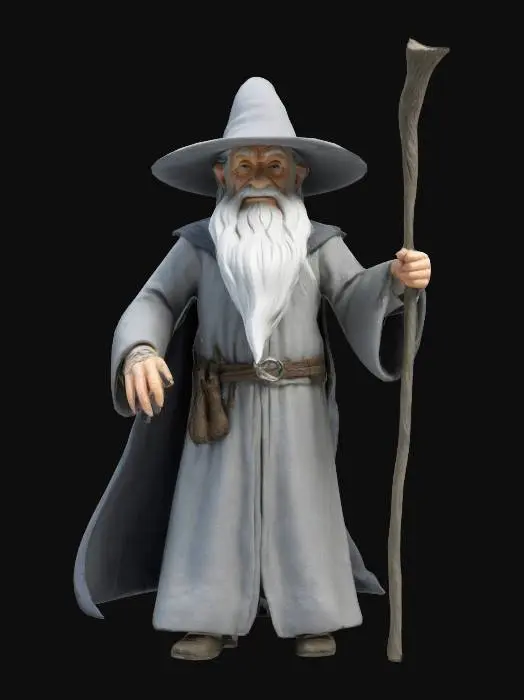 3D model for Gandalf, a wizard in The Lord of the Rings, appears as an elderly man with a long, white or gray beard and keen, piercing eyes that convey wisdom and power. He wears a wide-brimmed hat, a cloak (gray or white depending on his form as Gandalf the Grey or White), and carries a tall staff often used to channel his magic. Despite his age, he is strong, agile, and exudes an aura of authority, kindness, and mystery, embodying the balance of wisdom and might.
