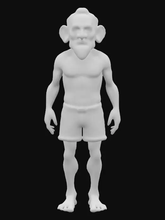 3D model for "Create a 3D rig of an elderly person without a shirt and wearing shorts. The character should have realistic, aged features such as wrinkles, gray hair, and a stooped posture. Ensure the rig includes fully articulated limbs, a flexible spine, and detailed facial expressions that can convey a range of emotions such as wisdom, kindness, and weariness. The character should have realistic skin textures and details associated with an elderly person. tattoos