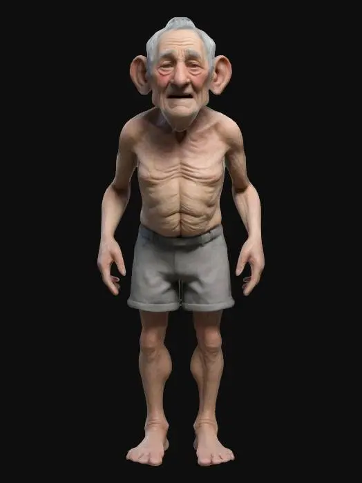 3D model for "Create a 3D rig of an elderly person without a shirt and wearing shorts. The character should have realistic, aged features such as wrinkles, gray hair, and a stooped posture. Ensure the rig includes fully articulated limbs, a flexible spine, and detailed facial expressions that can convey a range of emotions such as wisdom, kindness, and weariness. The character should have realistic skin textures and details associated with an elderly person. tattoos