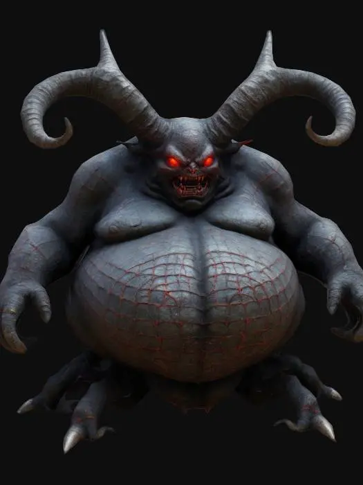 3D model for a grotesque, fat demonic creature with an ominous presence. Its body is bulky and textured, resembling cracked, charred stone. It has massive, curved horns extending horizontally from its head, glowing red eyes, and an expression of menacing power. hunched posture exude strength, while fiery embers surround its base, wich is spider like mechanical legs 