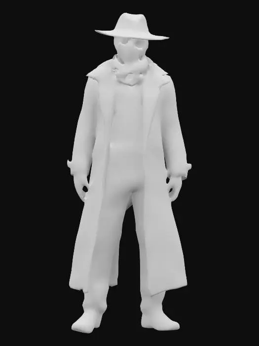 3D model for Rorschach's defining feature is his mask, a stark white fabric with constantly shifting black inkblot patterns resembling a Rorschach test, which inspired his name. The mask serves as his "true face," symbolizing his black-and-white moral worldview. He typically wears a tattered trench coat, a purple scarf, and a brown fedora, embodying the gritty noir detective aesthetic.