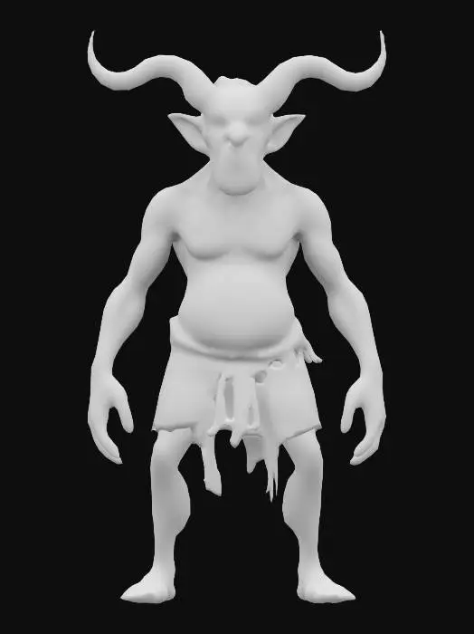 3D model for "Create a 3D rig of an elderly demon without a shirt and wearing shorts. The character should have realistic, aged features such as wrinkles, gray hair, and bone color horns,  a stooped posture. Ensure the rig includes fully articulated limbs, a flexible spine, and detailed facial expressions that can convey a range of emotions such as wisdom, kindness, and weariness. The character should have realistic skin textures and details associated with an elderly person.