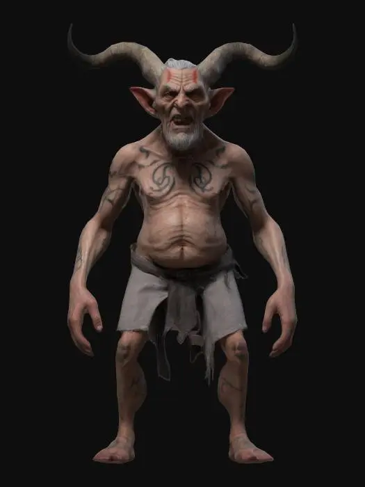 3D model for "Create a 3D rig of an elderly demon without a shirt and wearing shorts. The character should have realistic, aged features such as wrinkles, gray hair, and bone color horns,  a stooped posture. Ensure the rig includes fully articulated limbs, a flexible spine, and detailed facial expressions that can convey a range of emotions such as wisdom, kindness, and weariness. The character should have realistic skin textures and details associated with an elderly person.