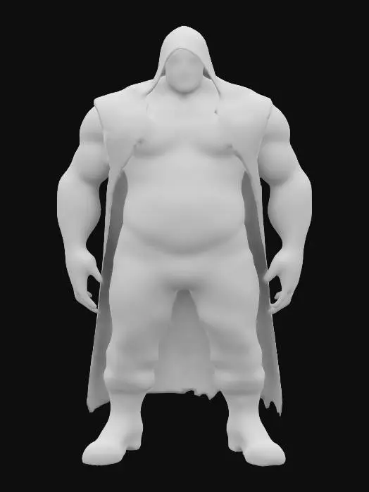3D model for full size executioner, no shirt, character design, wearing a black hood and no shirt, showing his big belly full of scars, he is wearing blue jeans and combat boots, white background, red glowing eyes