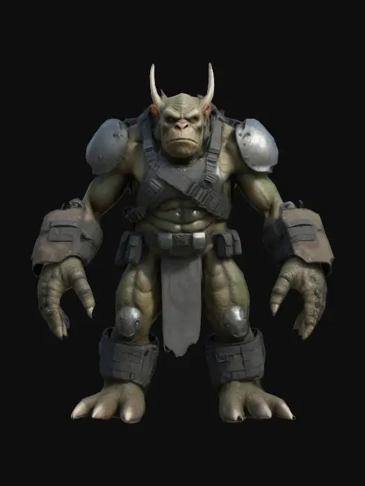 3D model for CAVE TROLL IN power armor Exoskeleton with ballistic vest and wearing a harness but also fabric armor around the legs and forearms, A-pose, realistic, metallic, large pouches sides of legs, CAMO, cave troll
