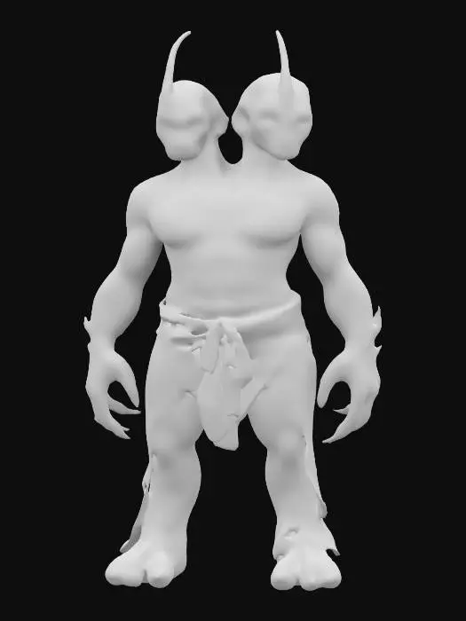 3D model for The object features a dual-headed, humanoid creature with a muscular build, SLEEK ALBINO skin texture, large hands and feet, and is adorned with tattered, dark cloth resembling a primitive garment., NEON PINK RUNES TATTOO
