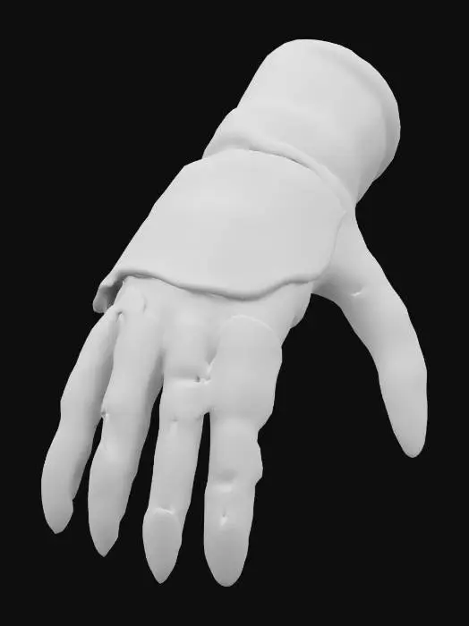 3D model for A mechanical gauntlet crafted with medieval steel plates, adorned with ancient runes glowing faintly. Prehistoric claw fossils form its knuckle guards, while futuristic nanotech weaves through its joints, enabling enhanced strength and precision. A time crystal embedded in the palm activates a temporal field, freezing or accelerating objects in time. The gauntlet stabilizes anomalies by manipulating the flow of time in targeted areas., #ChronoForgeWeapon#