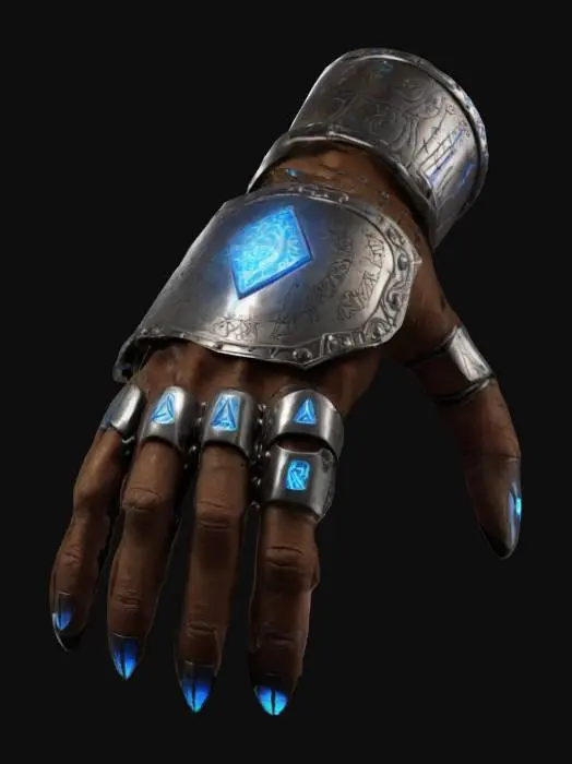 3D model for A mechanical gauntlet crafted with medieval steel plates, adorned with ancient runes glowing faintly. Prehistoric claw fossils form its knuckle guards, while futuristic nanotech weaves through its joints, enabling enhanced strength and precision. A time crystal embedded in the palm activates a temporal field, freezing or accelerating objects in time. The gauntlet stabilizes anomalies by manipulating the flow of time in targeted areas., #ChronoForgeWeapon#