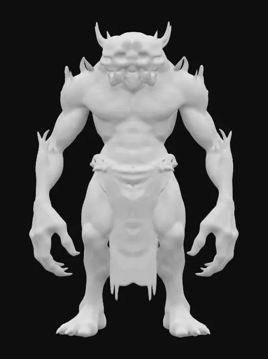 3D model for The creature features a hunched, humanoid form with multiple skull-like faces, multiple eyes across its bulbous head, elongated arms and claws, and a textured, mottled skin in purples and blues, wrapped in a tattered, layered material exhibiting a rough and weathered texture.