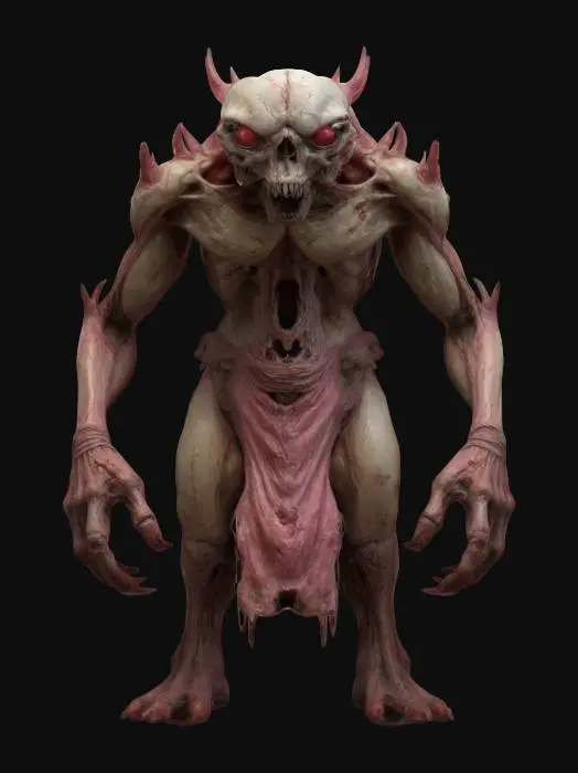 3D model for The creature features a hunched, humanoid form with multiple skull-like faces, multiple eyes across its bulbous head, elongated arms and claws, and a textured, mottled skin in purples and blues, wrapped in a tattered, layered material exhibiting a rough and weathered texture.