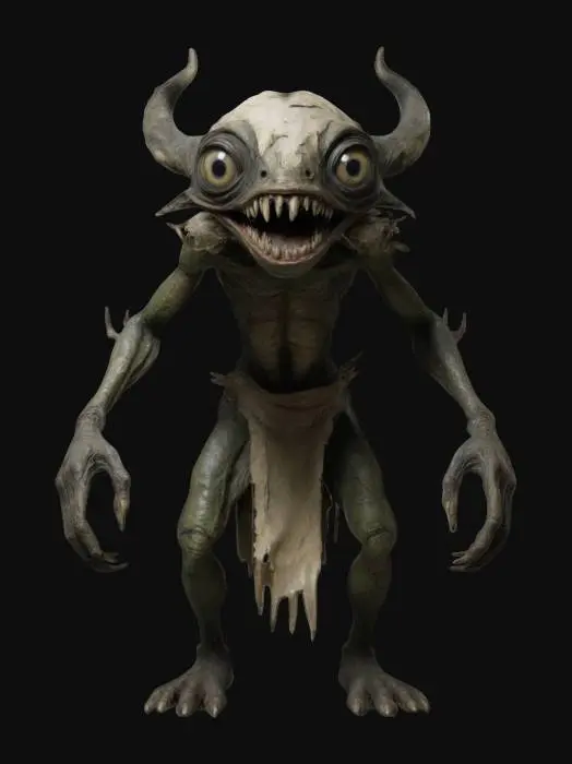 3D model for The creature features a hunched, humanoid form with multiple skull-like faces, multiple eyes across its bulbous head, elongated arms and claws, and a textured, mottled skin in purples and blues, wrapped in a tattered, layered material exhibiting a rough and weathered texture.