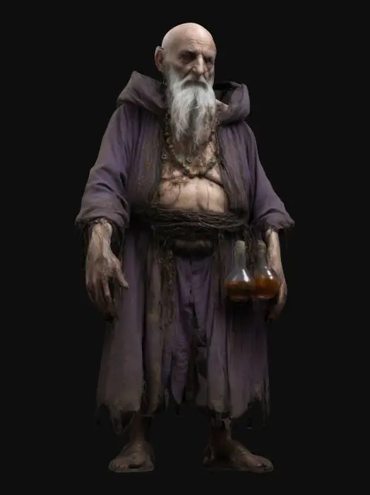 3D model for The potion seller is a hunched old man with a wiry frame, draped in a tattered, earth-toned robe stained with mysterious liquids. His long, bony fingers are stained with herbs and alchemical residues. A tangled gray beard spills over his chest, partially hiding a necklace of tiny vials. His sunken eyes gleam with an eerie sharpness, and his crooked nose twitches as if constantly sniffing out rare ingredients. Wisps of smoke cling to his wild, unkempt hair., #valentine#
