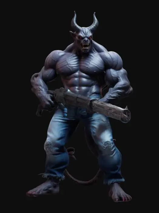 3D model for demon creature beast with amazing fisique, wearing jeans and no shirt
holding a weapon with futuristic vibes
