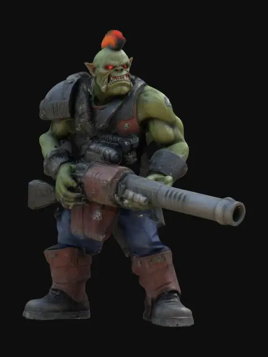 3D model for ork from warhammer 40k, holding a huge machine gun