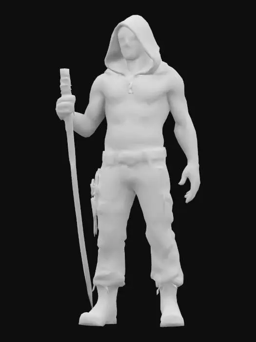 3D model for #game figure#, full size executioner, no shirt, character design, wearing a black hood and no shirt, showing his big belly full of scars, he is wearing blue jeans and combat boots, white background, red glowing eyes, hes got satanic runes tattoos un his bodie
