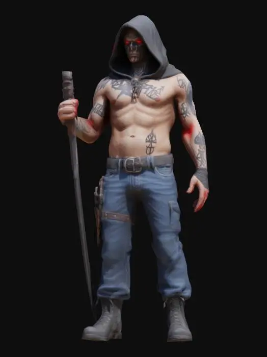 3D model for #game figure#, full size executioner, no shirt, character design, wearing a black hood and no shirt, showing his big belly full of scars, he is wearing blue jeans and combat boots, white background, red glowing eyes, hes got satanic runes tattoos un his bodie
