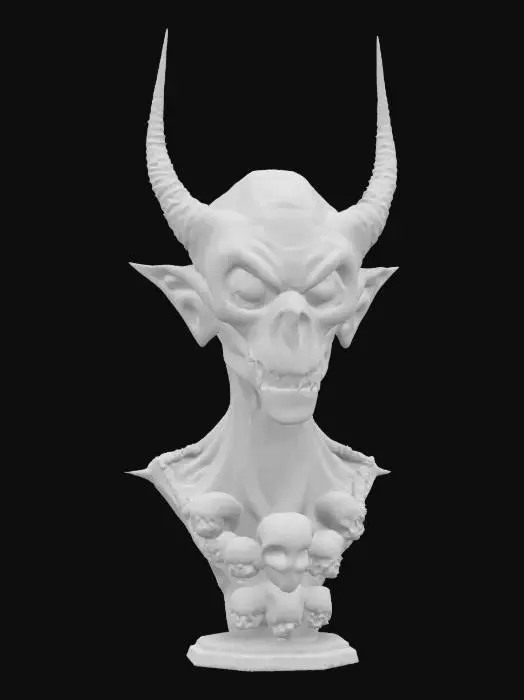 3D model for THE BUST OF A GOBLIN WITH 6 HORNS IN EACH SIDE, HIS FACE IS LONG AND DELICATE WITH EVIL EYES, HIS NECK ENDS WITH SKULL MOTIVES ORNAMENTS INSPIRED BY H.R. GIGER
