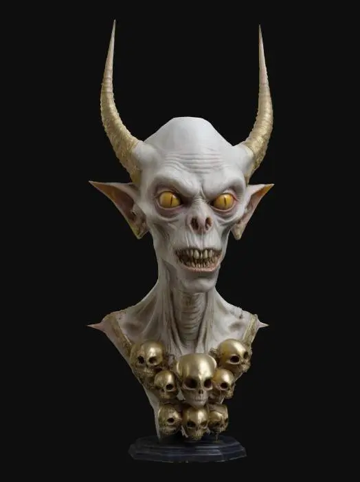 3D model for THE BUST OF A GOBLIN WITH 6 HORNS IN EACH SIDE, HIS FACE IS LONG AND DELICATE WITH EVIL EYES, HIS NECK ENDS WITH SKULL MOTIVES ORNAMENTS INSPIRED BY H.R. GIGER
