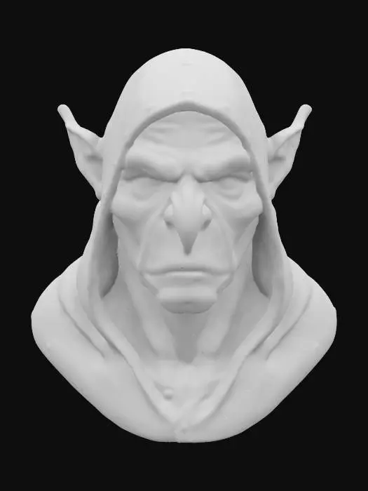 3D model for goblin alchemist bust, wearing a red leather medieval hoodie, he is old, his nose is big and pointy, his skin is leathery green color, 