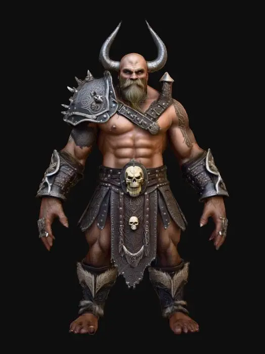 3D model for muscular goblin viking WEARING A INTRICATE leather ARMOR WITH skull MOTIVES ON THE CHEST, HIS HAIR IS A long and braided as his long black beard in contrast with his pale skin, no weapon, a-posed