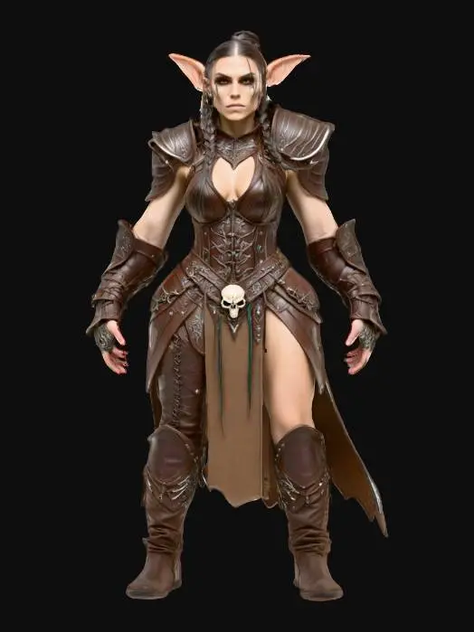 3D model for muscular DWARF WEARING A INTRICATE leather ARMOR WITH skull MOTIVES ON THE CHEST, HIS HAIR IS A long and braided as his long black beard in contrast with his pale skin, no weapon, a-posed