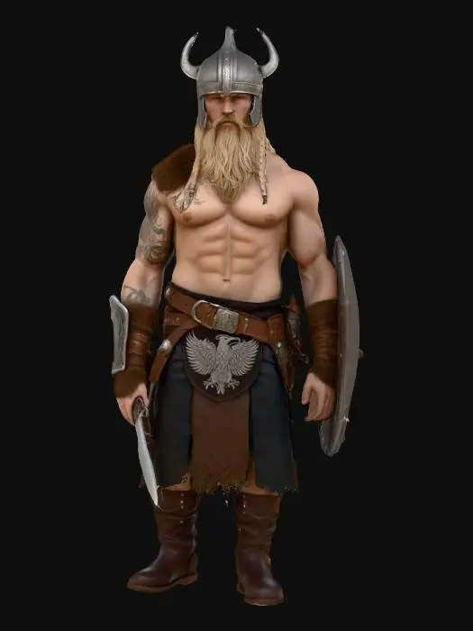 3D model for viking warrior with steroid muscular build, stocky long blond braided beard, helmet made of metal, no shirt, his belt has eagle motives and ornaments, his boots are dark brown leather, no weapons, white background, unreal engine 5 style, 8k , realistic art, character design riggable.
 