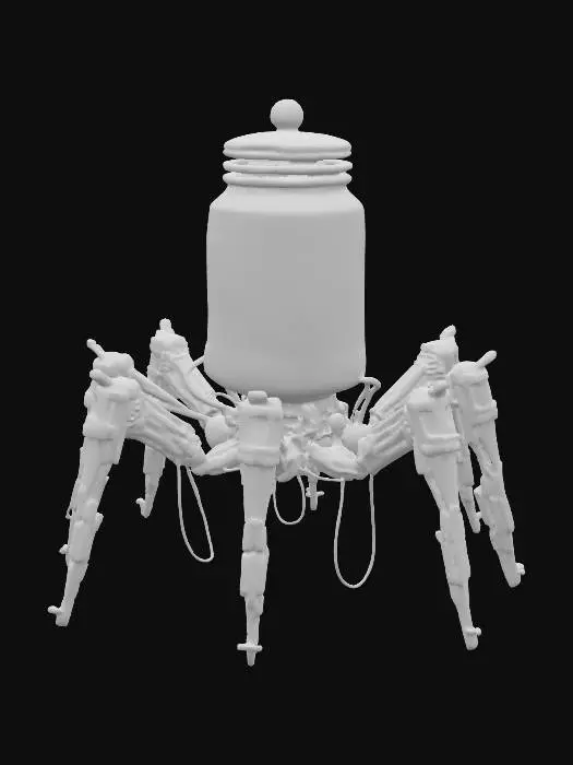 3D model for A 3D model of a brain in a glass jar with spider-like mechanical legs. The jar is transparent, revealing a detailed brain with subtle glowing lights. The legs are metallic with articulated joints, pistons, and cables, giving a sci-fi, cyberpunk feel. Add small lights and intricate details on the legs. Set in a dim environment to highlight the eerie, intelligent vibe, #bioluminescent#