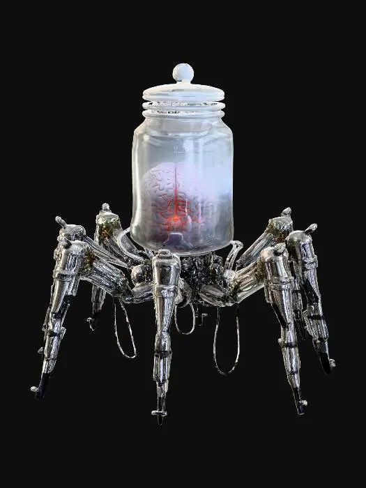 3D model for A 3D model of a brain in a glass jar with spider-like mechanical legs. The jar is transparent, revealing a detailed brain with subtle glowing lights. The legs are metallic with articulated joints, pistons, and cables, giving a sci-fi, cyberpunk feel. Add small lights and intricate details on the legs. Set in a dim environment to highlight the eerie, intelligent vibe, #bioluminescent#