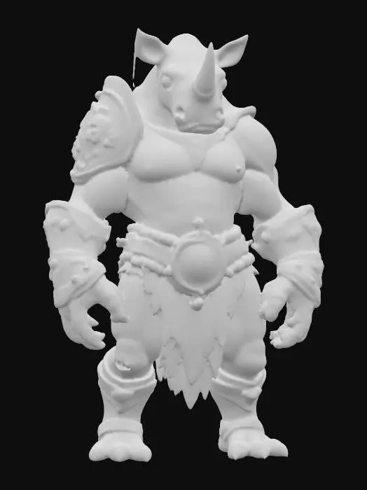 3D model for fantasy humanoid Rhinoceros dwaRF, massive body with stone crystals, massive paws ending in claws, head covered with a stone shield, light shining through the stone plates, extremely detailed, high resolution texture, epic stance, #PBR#