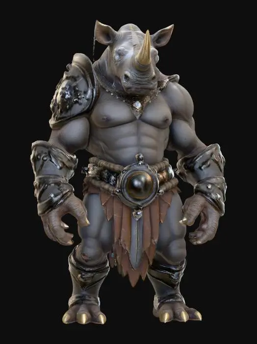 3D model for fantasy humanoid Rhinoceros dwaRF, massive body with stone crystals, massive paws ending in claws, head covered with a stone shield, light shining through the stone plates, extremely detailed, high resolution texture, epic stance, #PBR#