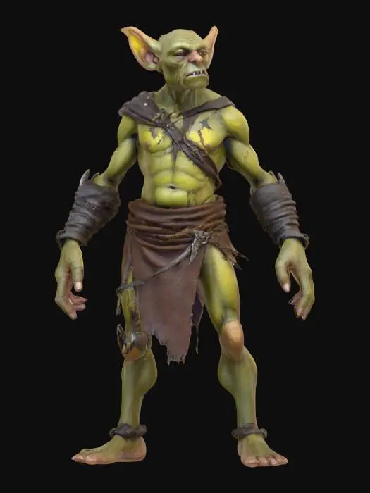 3D model for GOBLIN WEARING A CLOTHLOIN MADE OF SCRAP LEATHERS, HIS CHEST SHOWS A BATTLE SCAR, HIS SKIN IS LIGHT GRAY, HIS NOSE LONG, HIS EYES YELLOW AS HIS TEETH, NO WEAPONS, A-POSED