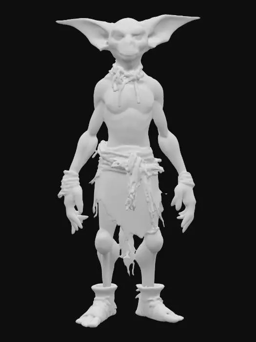 3D model for GOBLIN WEARING A CLOTHLOIN MADE OF SCRAP LEATHERS, HIS CHEST SHOWS A BATTLE SCAR, HIS SKIN IS LIGHT GRAY, HIS NOSE LONG, HIS EYES YELLOW AS HIS TEETH, NO WEAPONS, A-POSED