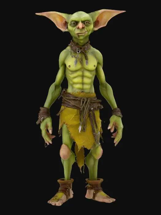 3D model for GOBLIN WEARING A CLOTHLOIN MADE OF SCRAP LEATHERS, HIS CHEST SHOWS A BATTLE SCAR, HIS SKIN IS LIGHT GRAY, HIS NOSE LONG, HIS EYES YELLOW AS HIS TEETH, NO WEAPONS, A-POSED