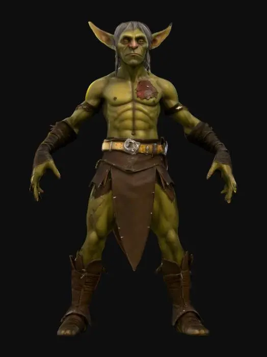 3D model for GOBLIN WEARING A CLOTHLOIN MADE OF SCRAP LEATHERS, HIS CHEST SHOWS A BATTLE SCAR, HIS SKIN IS LIGHT GRAY, HIS NOSE LONG, HIS EYES YELLOW AS HIS TEETH, NO WEAPONS, A-POSED