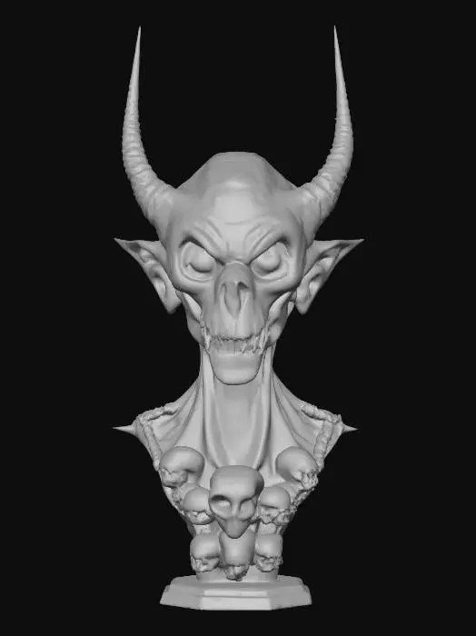 3D model for THE BUST OF A GOBLIN WITH 6 HORNS IN EACH SIDE, HIS FACE IS LONG AND DELICATE WITH EVIL EYES, HIS NECK ENDS WITH SKULL MOTIVES ORNAMENTS INSPIRED BY H.R. GIGER
