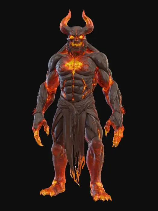 3D model for volcanic magma lich, molten obsidian GOLEM, glowing lava veins, crackling ember sigils, sinister sneer, precision micro-textures, hyperrealistic, towering pose, #Halloween2025#