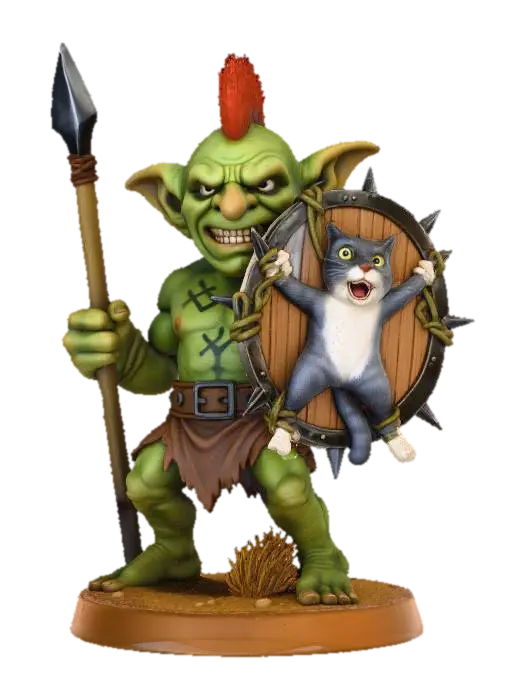 Goblin Guardian with Cat Shield - Fantastical 3D model, vytvořený pomocí AI