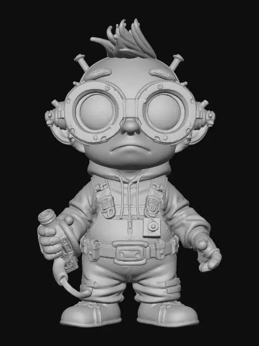 3D model for Wild-eyed tinkerer with mismatched goggles, burnt eyebrows, and copper wiring wrapped around his wrists. Fingers stained black from explosives. Constantly muttering while clutching a humming gadget.