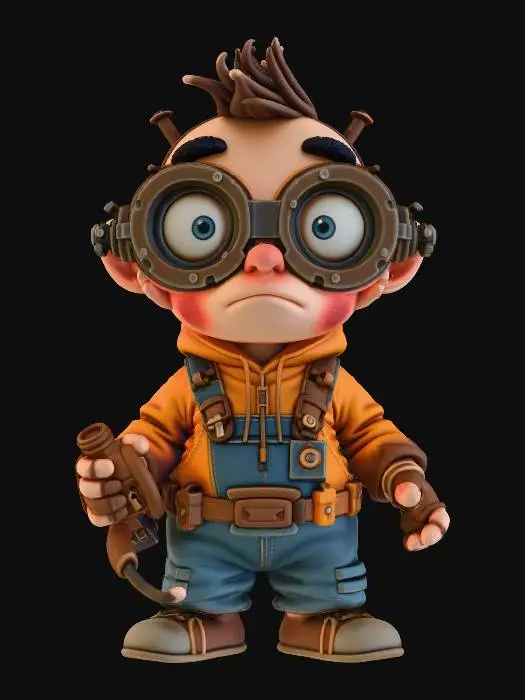 3D model for Wild-eyed tinkerer with mismatched goggles, burnt eyebrows, and copper wiring wrapped around his wrists. Fingers stained black from explosives. Constantly muttering while clutching a humming gadget.