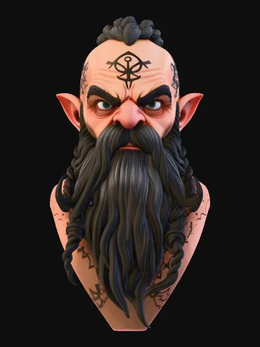 3D model for ACTION FIGURE HEAD OF A DWARF , HIGH DETAIL BEARD, HES GOT SATANIC TATTOOS ON HIS HEAD