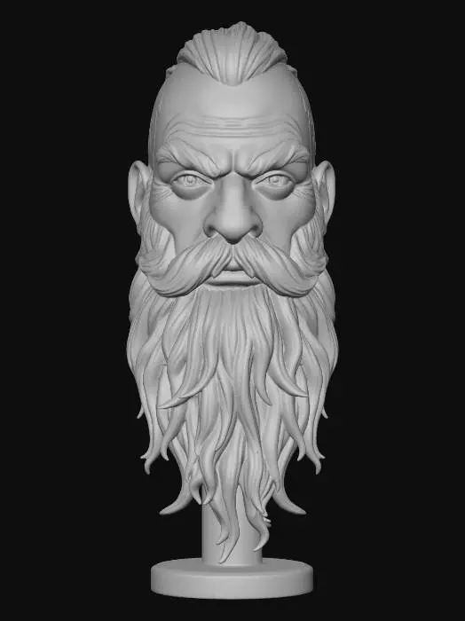 3D model for ACTION FIGURE HEAD OF A DWARF , HIGH DETAIL BEARD, HES GOT one eye only, an aye patch cover the other, runes tattooes in half his face