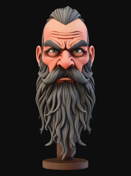 3D model for ACTION FIGURE HEAD OF A DWARF , HIGH DETAIL BEARD, HES GOT one eye only, an aye patch cover the other, runes tattooes in half his face