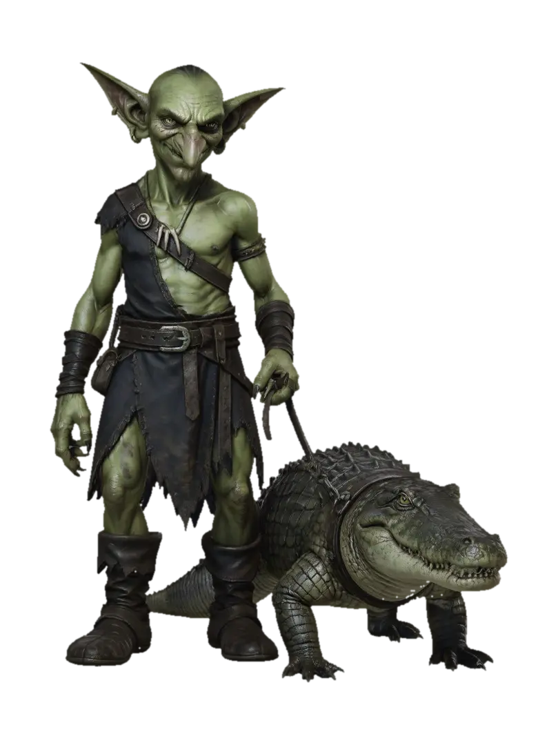 Goblin Tamer and Crocodile Companion - Battlepose 3D model, vytvořený pomocí AI